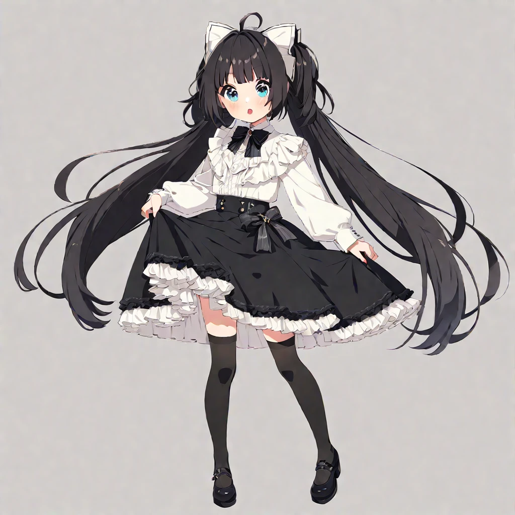 ,a young and pretty young woman in black stockings and socks holding her hair for style, 1girl, skirt, thighhighs, long hair, solo, black hair, skirt hold,jirai fashion,more_details:-1, more_details:0, more_details:0.5, more_details:1, more_details:1.5
