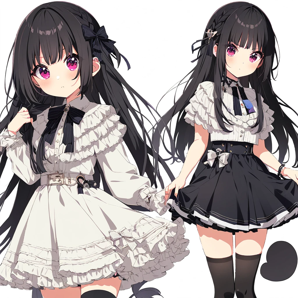 ，a young and pretty young woman in black stockings and socks holding her hair for style, 1girl, skirt, thighhighs, long hair, solo, black hair, skirt hold,jirai fashion,more_details:-1, more_details:0, more_details:0.5, more_details:1, more_details:1.5