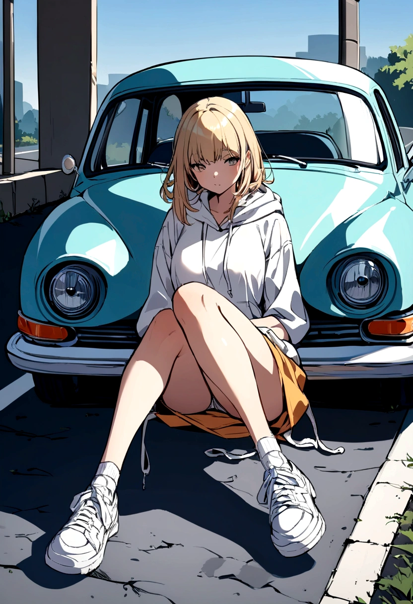 Girl with blond hair below her shoulders. sitting on the asphalt, and behind her is a retro car. Девушка sitting on the asphalt, leaning back against an old retro car.
The girl is wearing large wide jeans, large white sneakers with untied laces and a large white hoodie. summer. sunlight.
asphalt. Road. highway.