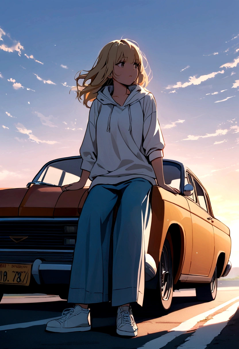 Girl with blond hair below her shoulders. sitting on the asphalt, and behind her is a retro car. Девушка sitting on the asphalt, leaning back against an old retro car.
The girl is wearing large wide jeans, large white sneakers with untied laces and a large white hoodie. summer. sunlight.
asphalt. Road. highway. 