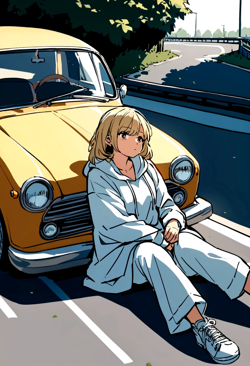 Girl with blond hair below her shoulders. sitting on the asphalt, and behind her is a retro car. Девушка sitting on the asphalt, leaning back against an old retro car.
The girl is wearing large wide jeans, large white sneakers with untied laces and a large white hoodie. summer. sunlight.
asphalt. Road. highway.