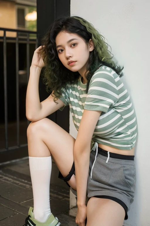 age girl, green and curly hair, fly away, 19 years old, wearing black shirt, wearing short gray shorts, wearing green striped thigh-high socks, medium breasts.