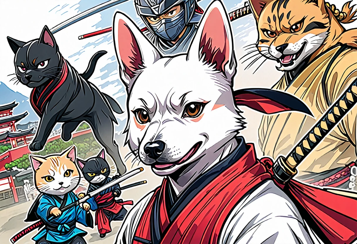 arte em tinta fina, comic style, portrait of japan, Samurai dog terrier and cat ninja, Glamour de Osaka, bela arte de linha, comic style, manga style, manga art style, pencil and ink caricature drawing, coloring, , other positions, corpo inteiro. Japan Background, Samurai dog terrier and cat ninja, desenho colorido