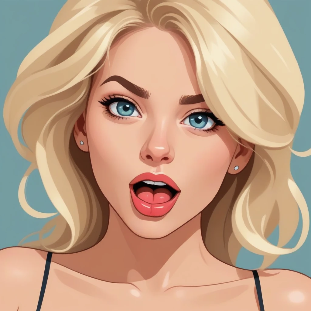 top down view of a simple cartoon vector svg of a sexy young blonde woman with her eyes crossed and tongue out, ahegao face, (she has great cleavage:1.4), nsfw, flat color style,