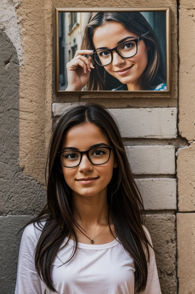 Can you generate an image of a street in Italy and there is a girl with glasses admiring a portrait of herself painted on a wall?. That the girl has a camera in her hands