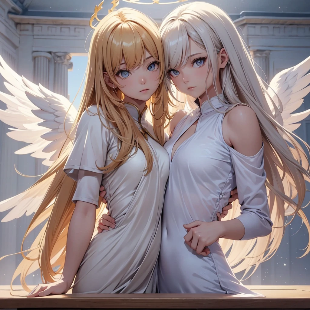 ((On the table, best quality)), Delicate face, Character Design Sheet,whole body, Perfect proportion,Rich in details, Multiple poses and expressions, Very detailed, Martial Arts Girl,Tempting,Gradient hair color,Golden,Delicate eyes, see through,Angel Wings,cloud,High balance, Halo,Natural light,Starlight decoration,Background greek temple