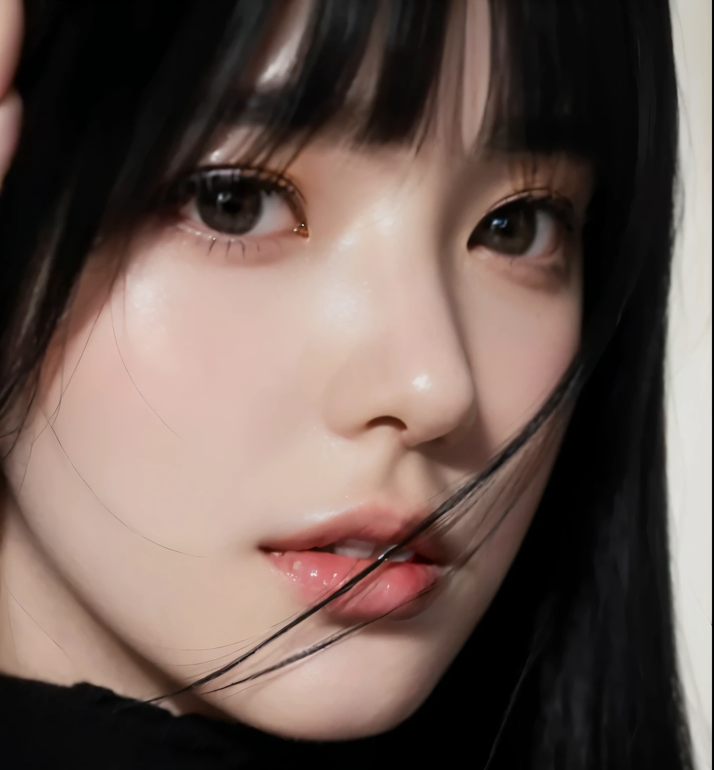arafed woman with long black hair and a black sweater, sui ishida with black hair, detailed face of a asian girl, she has black hair with bangs, digital art. photo realistic, black-hair pretty face, hyper realistic anime, inspired by Miwa Komatsu, girl with black hair, photorealistic anime girl render, close up of a young anime girl