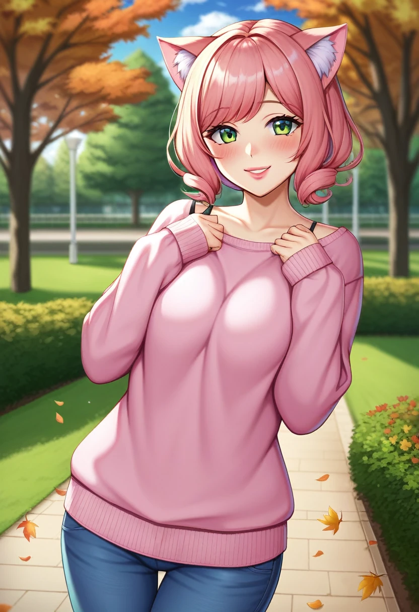 (((1 cat girl))), ((Cat's ears)) standing alone, (((short, light red hair tousled by the wind))), greeneyes, pink off-the-shoulder sweater with long sleeves and kawaii skirt, thin straps, shorts, lace, Look at the Beholder, luxurious, chic, extremely detaild, pink lips, shy smile, feminine charm, blushful, beautiful sky, Park, autumn trees, Garden, borboleta, pretty flowers, Depth of field