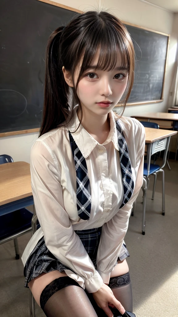 (One woman), hair up, short bob, 18 years old, Japanese, brown eyes, brown hair, slim figure, flat chest, high school girl, school summer uniform, school classroom
Break
Facial expression and background
Her whole body got wet from a sudden rain, and her blouse became transparent, giving a faint glimpse of her bra