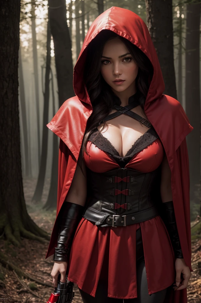 extremely beautiful little red riding hood, subtle makeup, golden hour time, photorrealistic, hight contrast, 8k hd, detailded, hyper-detailded, textura de pele realista, covered in red hood, large breasted, best qualityer, ultra high resolution, CRU photo, dramatic lighting, engine unreal, diffuse glow, intricate red hood, open air, realistic detailded dark forest, holding lightsaber