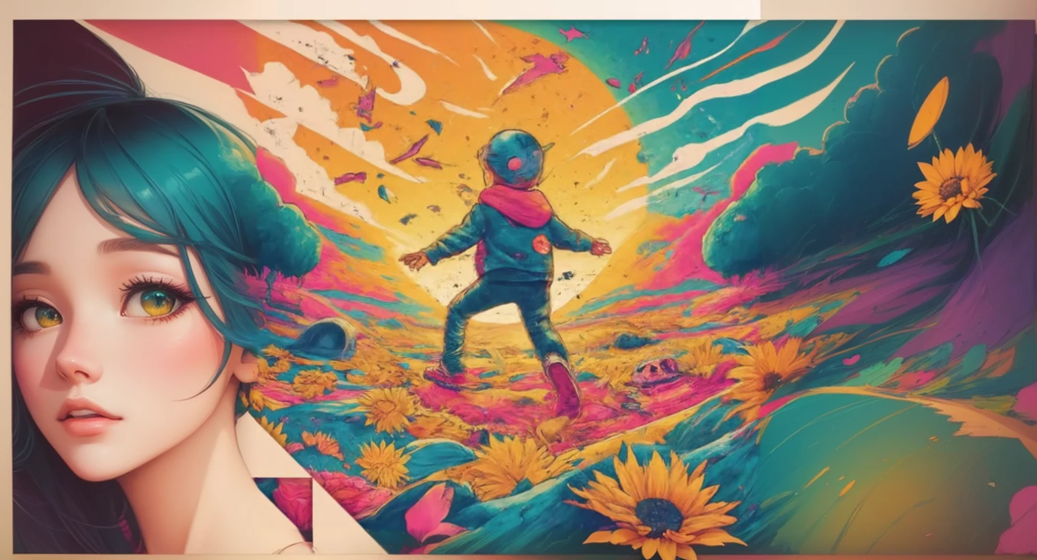 an image of a person standing in a field of flowers, Beeple and Jeremiah Ketner, Beeple y James Jean, Beeple masterpiece, inspired by Cyril Rolando, Victor Ngai! cmyk palette, recusal beep, Beeple art diary, beetle artwork, Beeple y Tim Hildebrandt