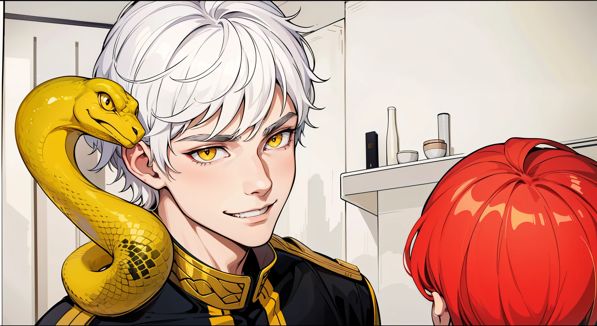 Beautiful 17-year-old man, white hair, yellow eyes, black clothes, he is speaking evilly with an evil and mischievous smile, he has a yellow snake on his shoulder.