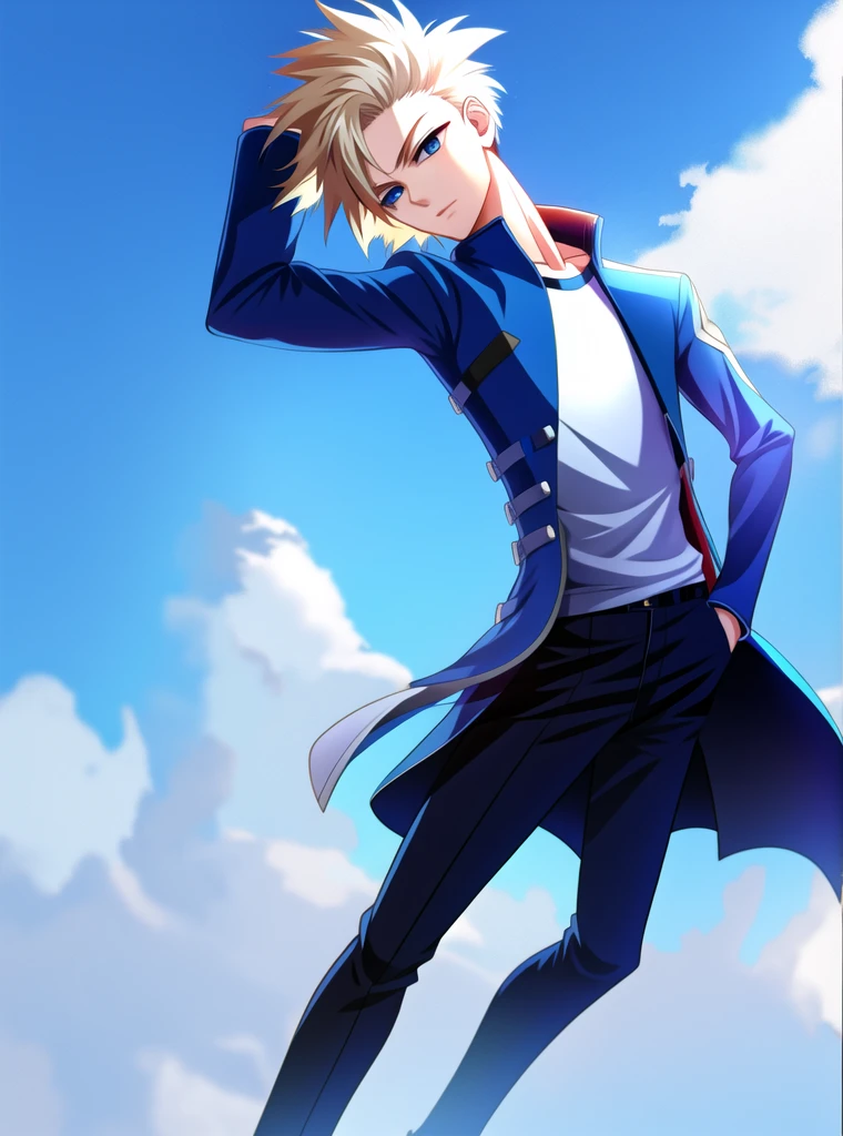 anime boy, spiking hair, blue background, clouds in background, wearing jacket, full clothes, perfect proportions, blue eyes, black clothing style, anime near him