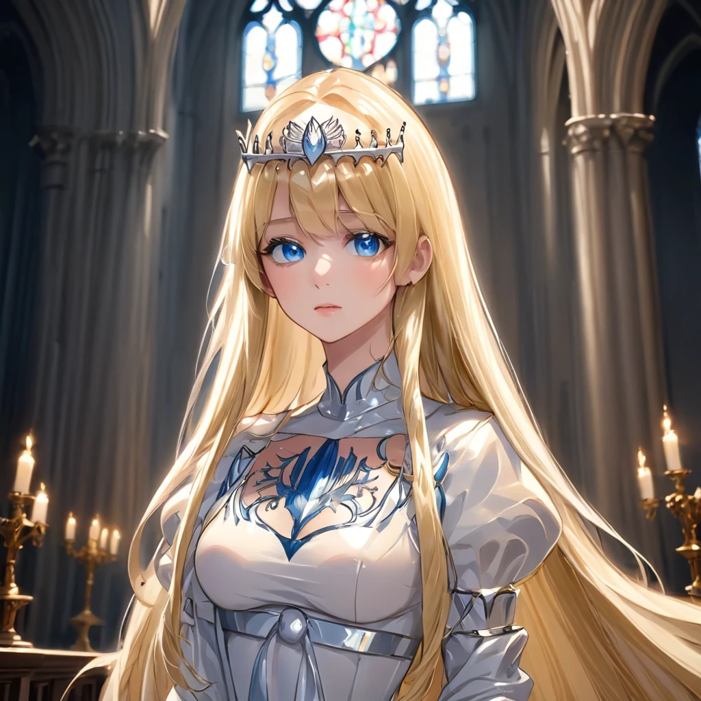 ultra-detailed,(best quality),((masterpiece)),(highres), original,,, zoom layer, looking at the viewer, hand behind her back, upper body, ,1girl, solo, Calca, Calca Bessarez, blonde hair, (extremely long hair:1.3), very long hair, white tiara, white dress, blue eyes, medium chest, extremely long hair, medium breast, indoor, stained glass, in the cathedral, perfect light