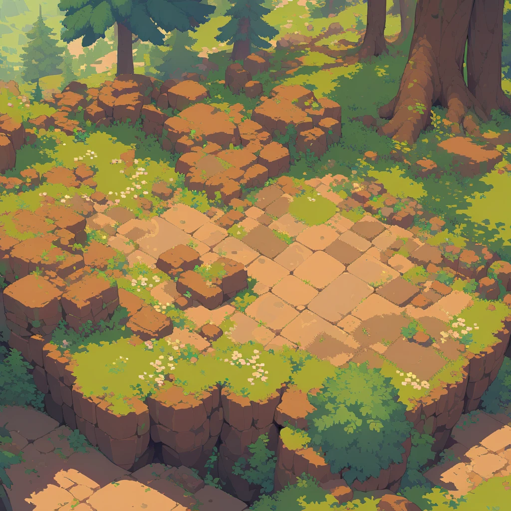 retro video game style,pixelated graphics,vibrant colors,8-bit characters,blocky shapes,sharp lines,detailed shading,classic gaming vibe,nostalgic atmosphere,classic arcade games,masterpiece:1.2,ultra-detailed,illustration style, 2d texture, clay texture, stone texture, 4 k seamless mud texture, video game texture, dirt texture, tileset, game tiles, clay material, flat texture, grass, trees, rock texture, rocky ground, forest, topdown view, game texture, game art, ground very detailed, dirt, floor texture, tileable texture, flowers, bushes, shrubs, intricate ground stone, top down view, 3/4th perspective