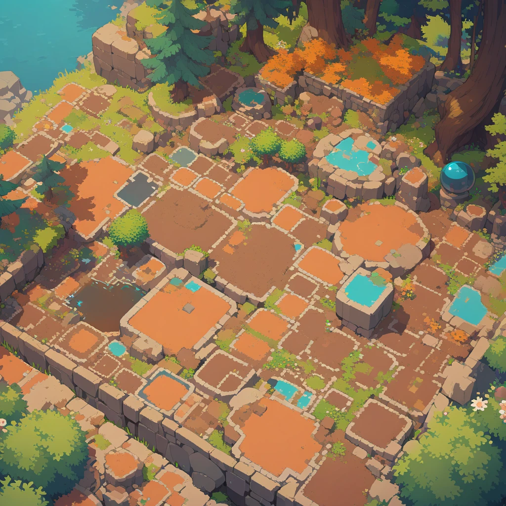 retro video game style,pixelated graphics,vibrant colors,8-bit characters,blocky shapes,sharp lines,detailed shading,classic gaming vibe,nostalgic atmosphere,classic arcade games,masterpiece:1.2,ultra-detailed,illustration style, 2d texture, clay texture, stone texture, 4 k seamless mud texture, video game texture, dirt texture, tileset, game tiles, clay material, flat texture, grass, trees, rock texture, rocky ground, forest, topdown view, game texture, game art, ground very detailed, dirt, floor texture, tileable texture, flowers, bushes, shrubs, intricate ground stone, top down view, 3/4th perspective