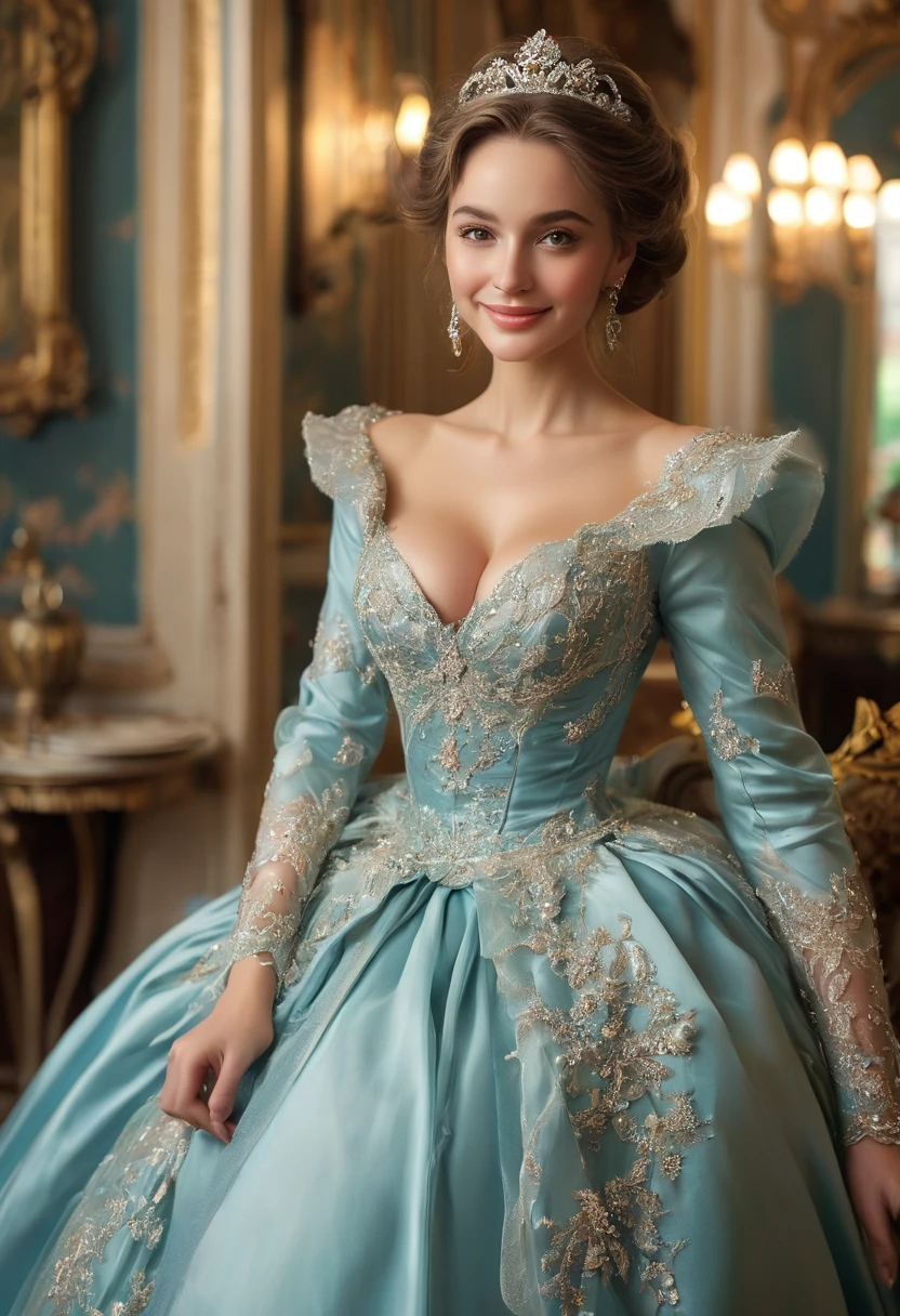 A beautiful inteligent, sophisticated women.. Opulent and elegant hyper-detail dress fit for a queen. Large opulent breasts, covered breasts. Wide-swinging hips. wide-inviting-smile, modest, conservativly dressed. Dickensian dress, chaste, pure, innocent, wholesome vestral, photorealistic. Circa 1885. Lilly James