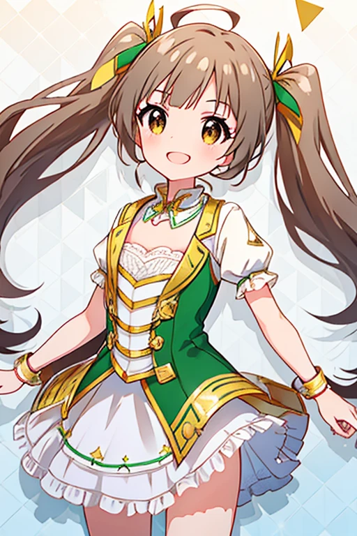 a masterpiece, best quality, 4k, 8k, caustics, high details, sparkle, front view, 1girl, ****ta, like a sister, cute, beautiful girl, twin tails, ahoge, flaxen color hair, straight bangs, (amber color eyes), droopy eyes, sparkling eyes, smile, blush, flat chest, slender, pale emerald green dress, strap dress, mini skirt