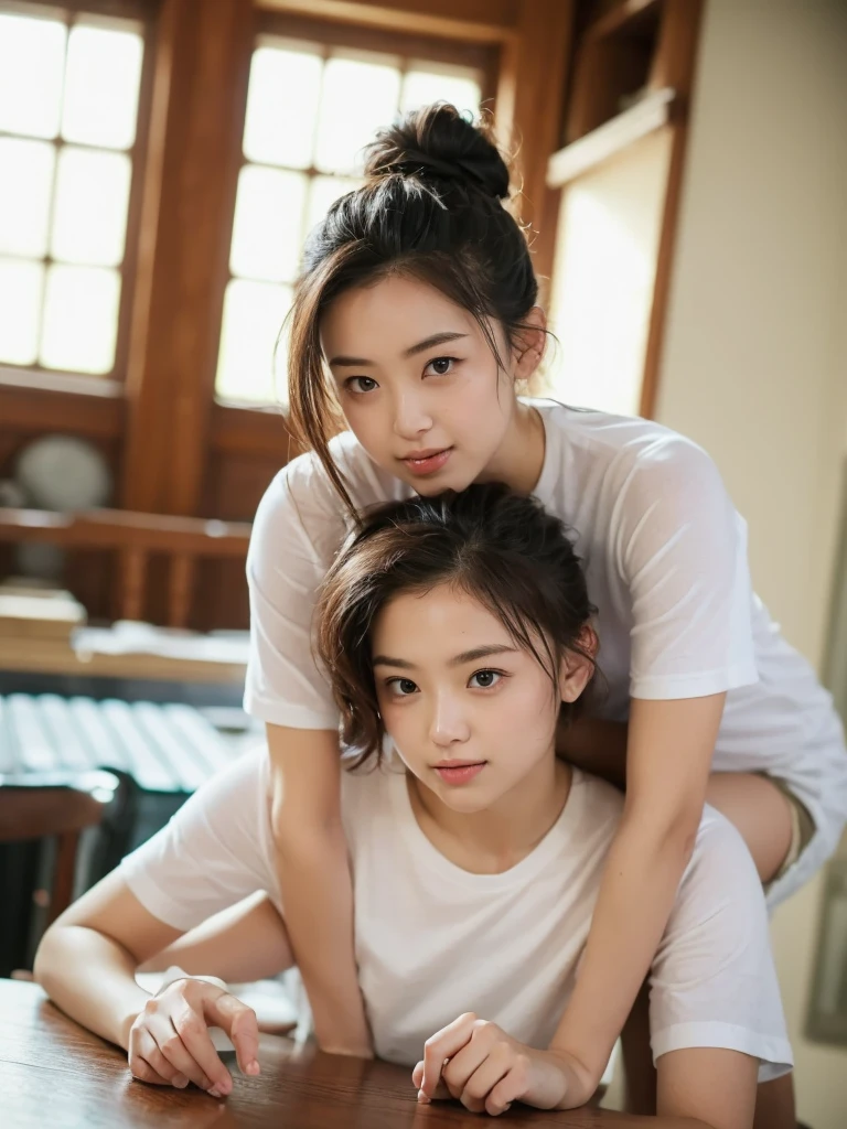 portrait, 20-year-old brunette, Sexy, White shirt, Messy Bun, 8K, Highest quality, On the table, (Look at the camera: 1.Piggyback vine, (beautiful), (none), (Nipi)