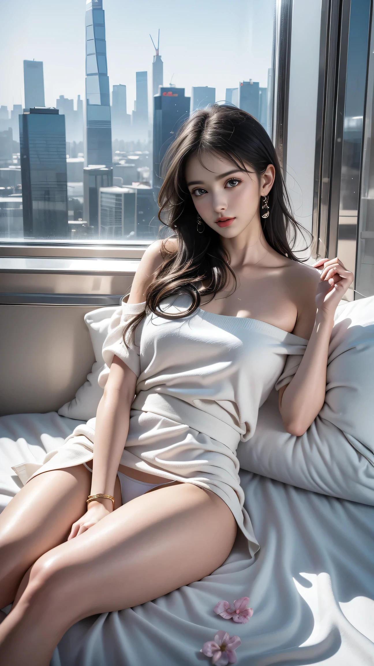 photorealistic, masterpiece, high resolution, soft light, mature female, silver hair, blue eyes, hips up, maid costume, jewelry, (Girl lying on bed)、Beauty、 One Girl、alone、Long Hair、Viewer、smile、blue eyes、hair ornaments、、gem、Gray Hair、Shut your mouth、Blunt banganicure、bracelet、lips、Grey Eyes、Portraiture、Red nails、close、Red lips、Put your hands on your face、Place your hand on your cheek、()、(Shiny skin)、((Skyscrapers are hazy outside the window))、(Off-shoulder white dress with floral pattern),),((Girl with her legs slightly apart)),(Leg spread),((White panties are visible)),(Lift-up skirt)、