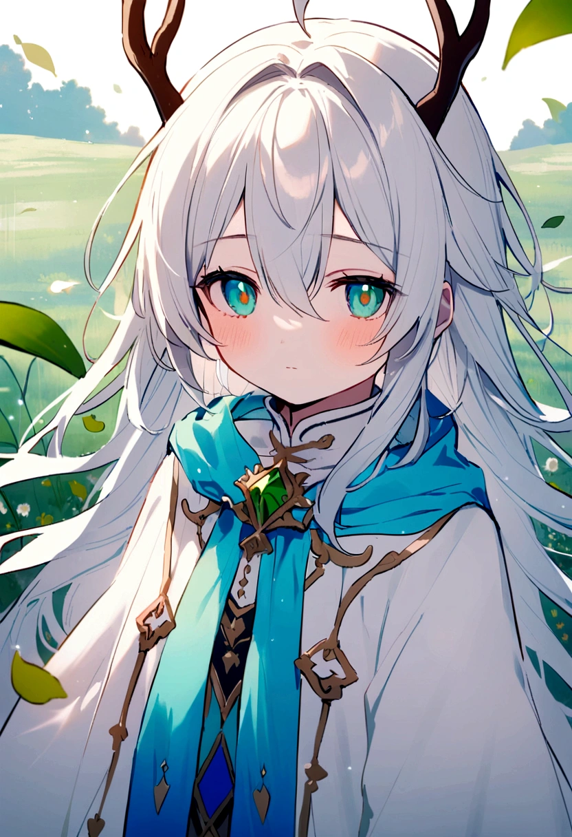 a white deer，Green pupils，white robe，Cyan clothing，Cyan scarf，grassland，Falling leaves，Lovely shota，in wonderland，dreamlike world，flowing robe，white hair，rain
