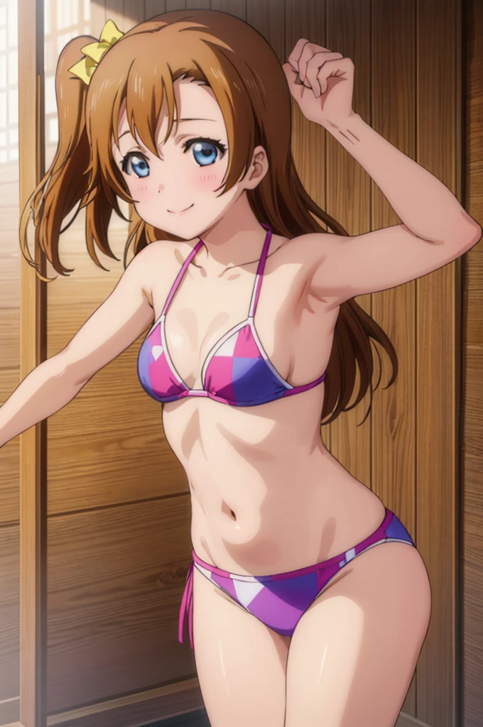 (((pixel-perfect, detail-perfect))), solo, 1girl, honoka kousaka, smile, sauna, bikini, armpit, medium filesize, ultra High Qality