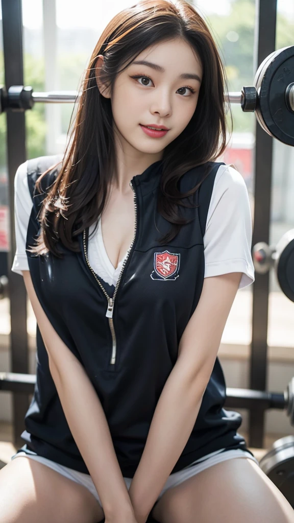 Highly detailed CG unity 8k wallpaper, of the highest quality, Super detailed, masutepiece, Realistic, photographrealistic, extremely detailed cute girl, 25yo, cleavage , (perspired) , Round eyes, peeping at the viewer, Blush, Smile, parted lip, Semi-body shot , Realistic、track suit、Realistic reproduction with vests , Panties , Squat, sports gym