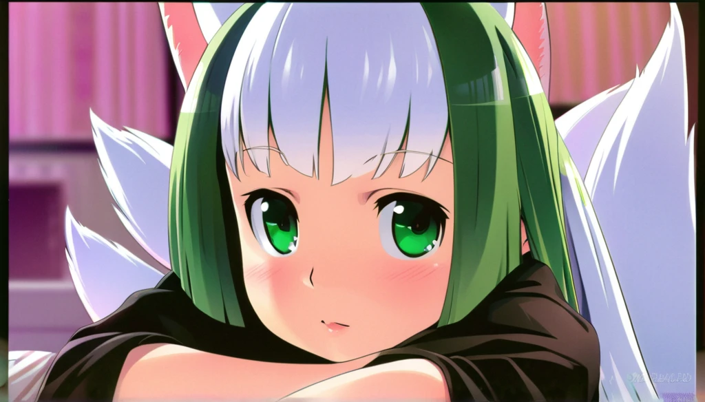 A and cute pink and white kitsune with emerald green eyes, wearing girl's clothing, long ears and multiple pink tails, detailed portrait, beautiful face, photorealistic, high detail, vibrant colors, soft lighting, cinematic composition