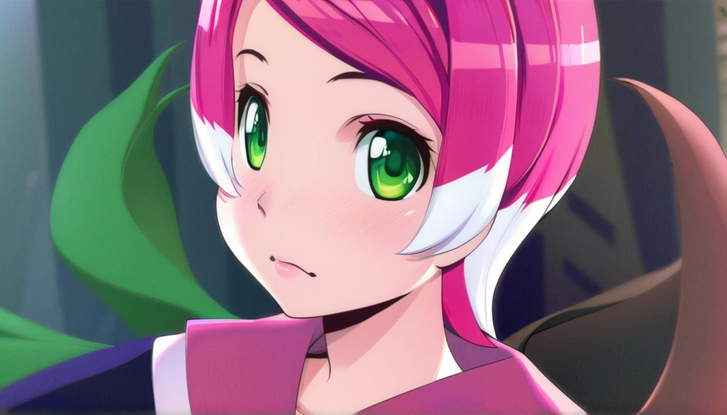 A little and cute pink and white kitsune with emerald green eyes, wearing girl's clothing, long ears and multiple pink tails, detailed portrait, beautiful face, photorealistic, high detail, vibrant colors, soft lighting, cinematic composition