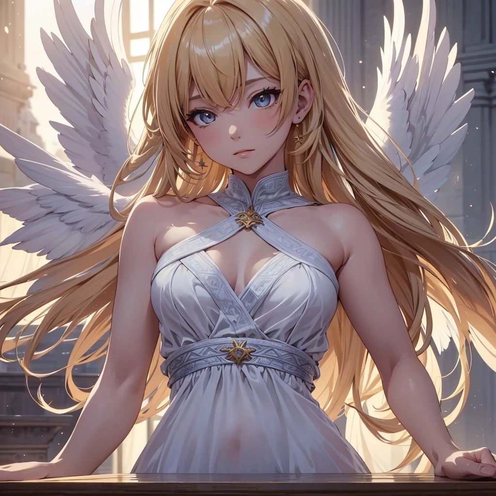 masterpiece, Angel Girl, Blonde with wings, White dress with feathers, Close-up portrait, Delicate face, Lots of feathers, silver