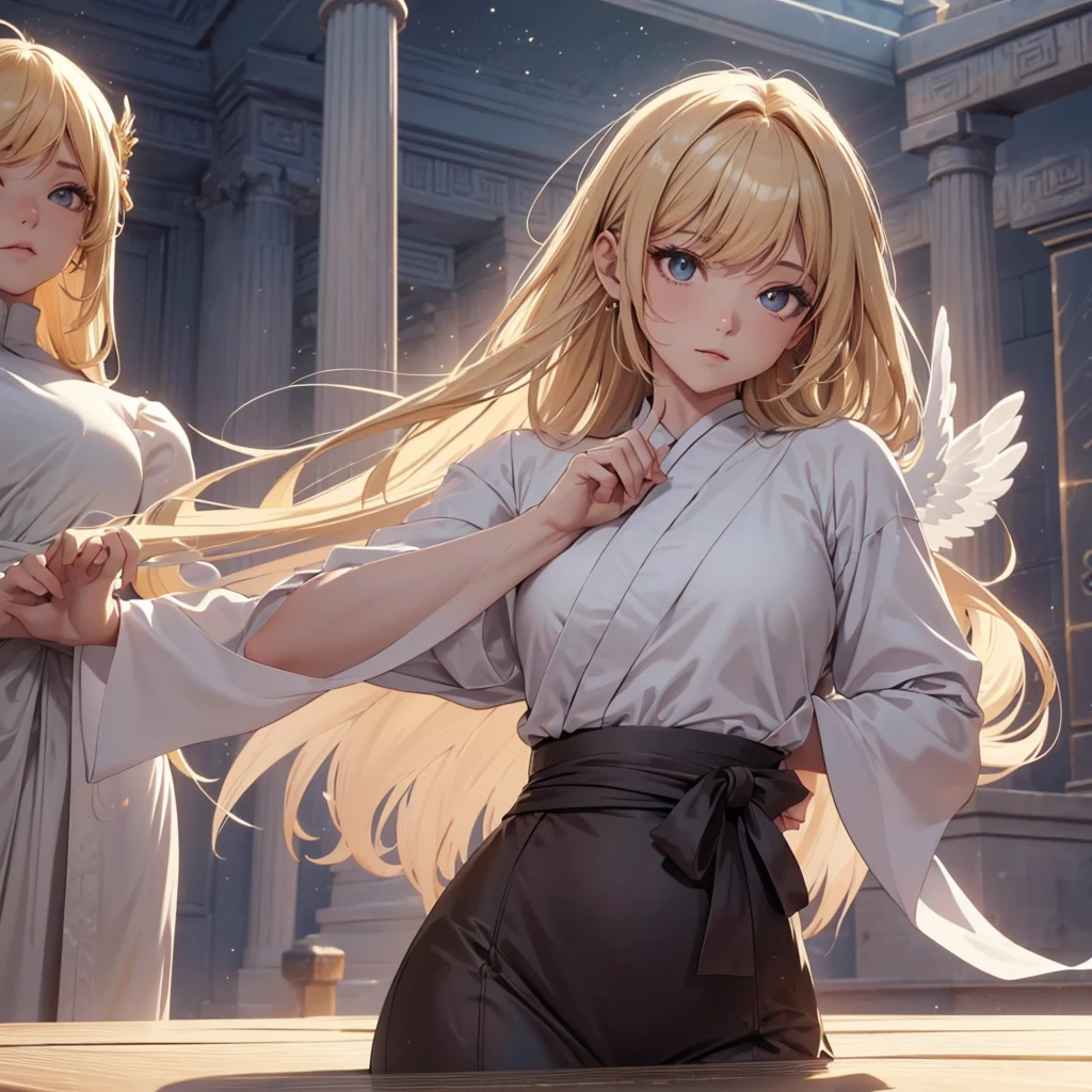 ((On the table, best quality)), Delicate face, Character Design Sheet,whole body, Perfect proportion,Rich in details, Multiple poses and expressions, Very detailed, Martial Arts Girl,Gradient hair color,Golden,Delicate eyes, see through,Angel Wings,cloud,High balance, Halo,Natural light,Starlight decoration,Background greek temple