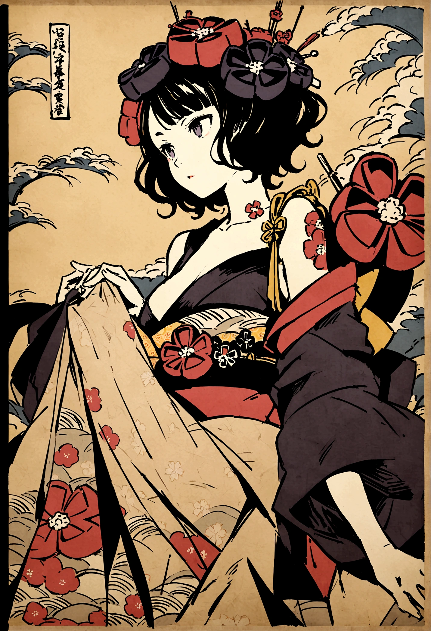 flower tattoo on shoulder, short hair, girl with Japanese painting、Katsushika Hokusai、high quality、high resolution、Ukiyo-e style、Girl climbing、Rough paper texture、Dull colors,see-through,bzillust, Katsushika Hokusai, Utagawa Kuniyoshi, delicate and detailed, Ukiyoe style, girl