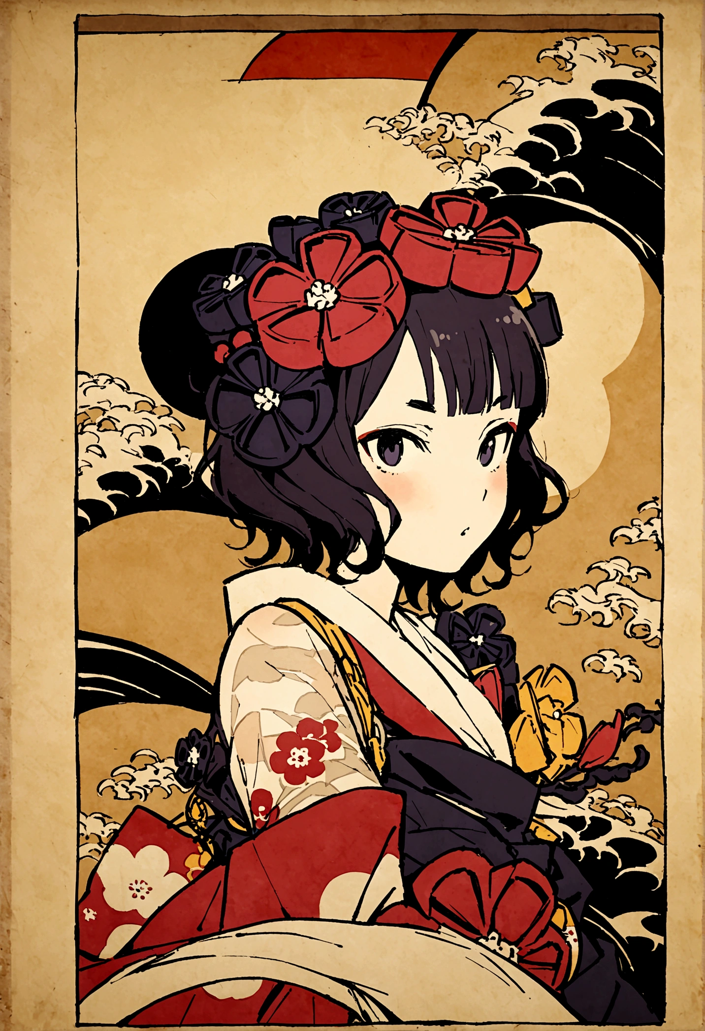 flower tattoo on shoulder, short hair, girl with Japanese painting、Katsushika Hokusai、high quality、high resolution、Ukiyo-e style、Girl climbing、Rough paper texture、Dull colors,see-through,bzillust, Katsushika Hokusai, Utagawa Kuniyoshi, delicate and detailed, Ukiyoe style, girl