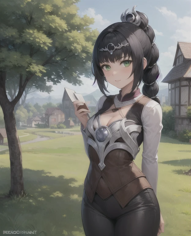 (masterpiece, best quality), 1girl, shadowheart, black hair, braided ponytail, green eyes, circlet, black pants, closeup, sketch, looking at viewer, ((green eyes)),(fantasy village on background),
