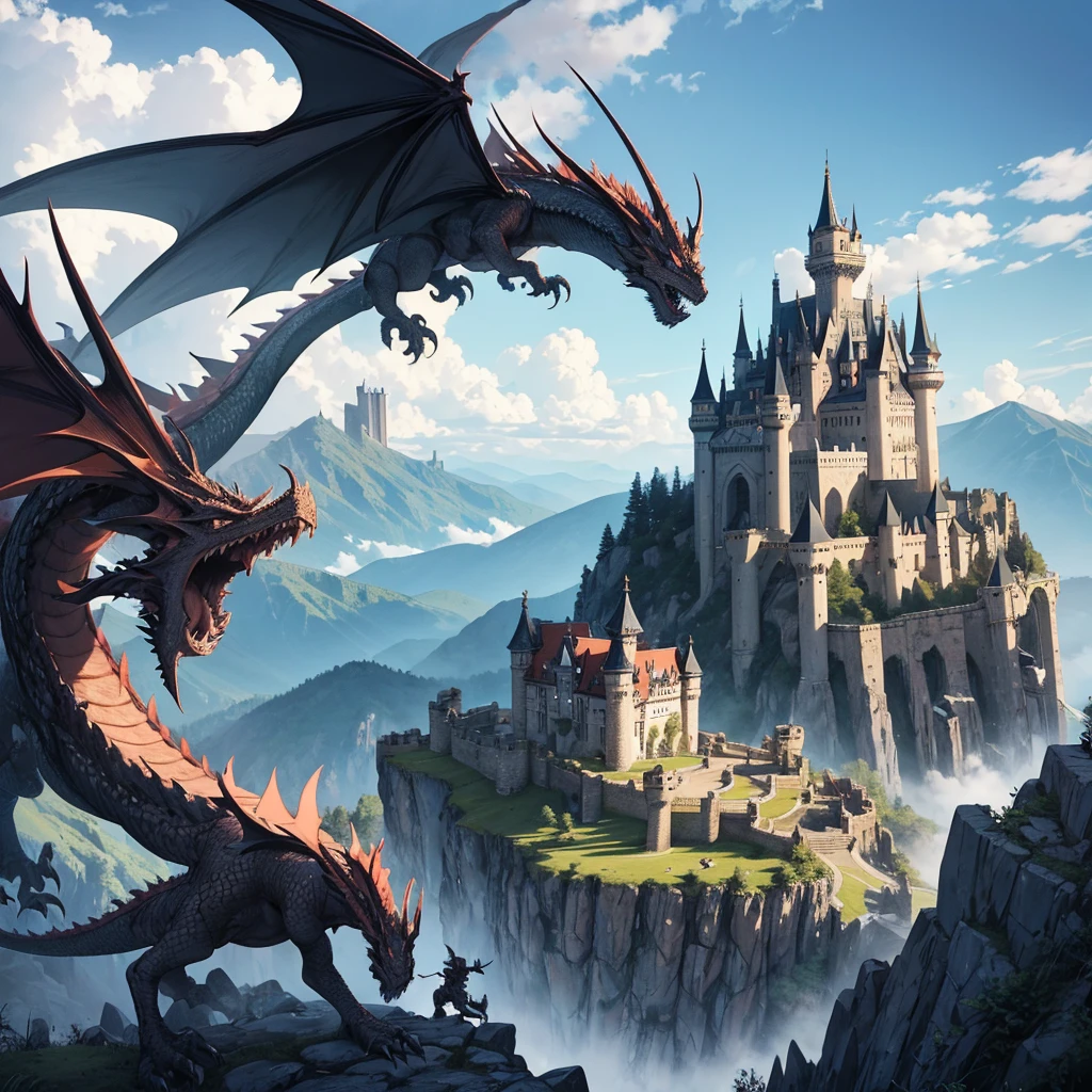 ((masterpiece)), best quality, high quality, ((extremely detailed CG unity 8k wallpaper)),(fantasy), A place like black magic world, dark-ish color, castles, tremendous dragons fly in the sky, huge dragons, dragons shooting lots of  fire balls, ruining the ground, magic movie style, harry potter movie style, viewing on higher mountain, Mono Lake, 3D Digital Paintings,award winning photography, Bokeh, Depth of Field, HDR, bloom, Chromatic Aberration ,Photorealistic,extremely detailed, trending on artstation, trending on CGsociety, Intricate, High Detail, dramatic, art by midjourney