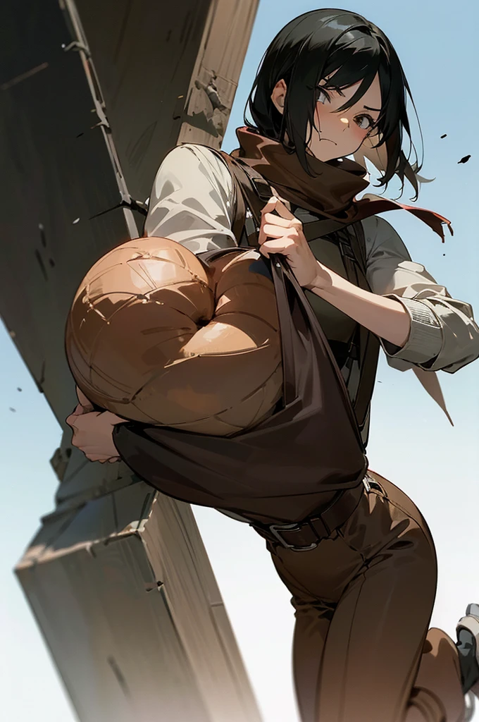 Mikasa is quite tall, physically fit and very muscular teenage girl with chin-length black hair that she initially wore longer, but it was cut at Eren's suggestion, despite Jean telling her it was beautiful. She has Asian heritage, with pale skin and calm black eyes.