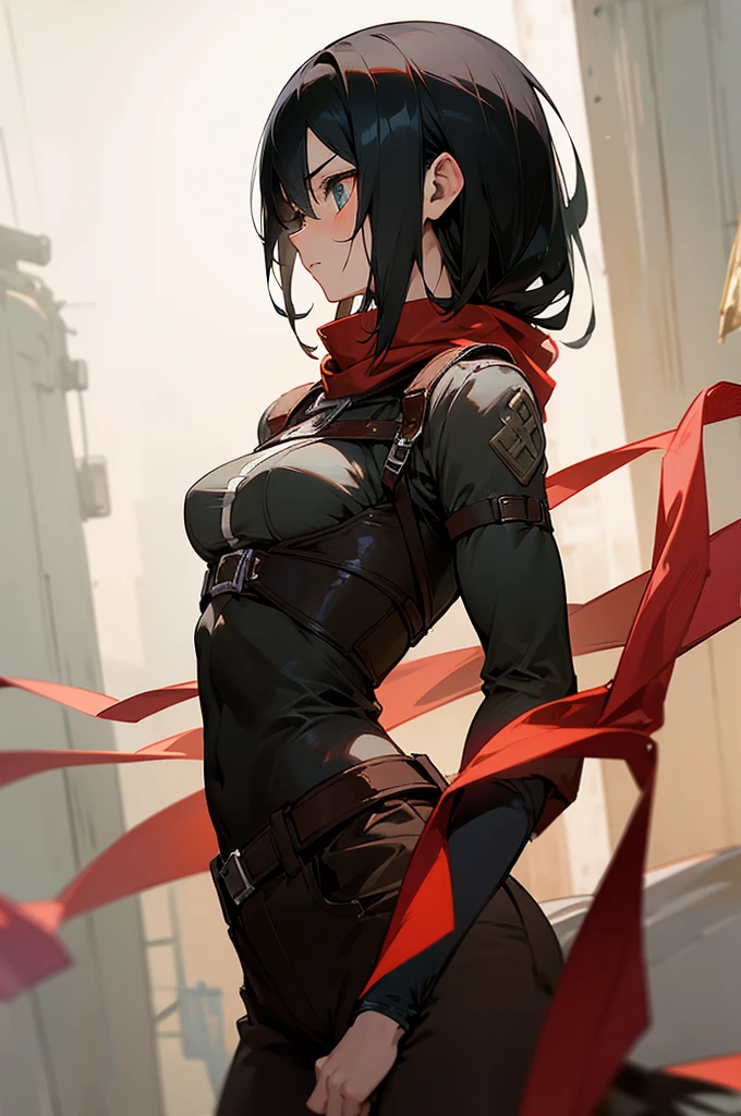 Mikasa is quite tall, physically fit and very muscular teenage girl with chin-length black hair that she initially wore longer, but it was cut at Eren's suggestion, despite Jean telling her it was beautiful. She has Asian heritage, with pale skin and calm black eyes.