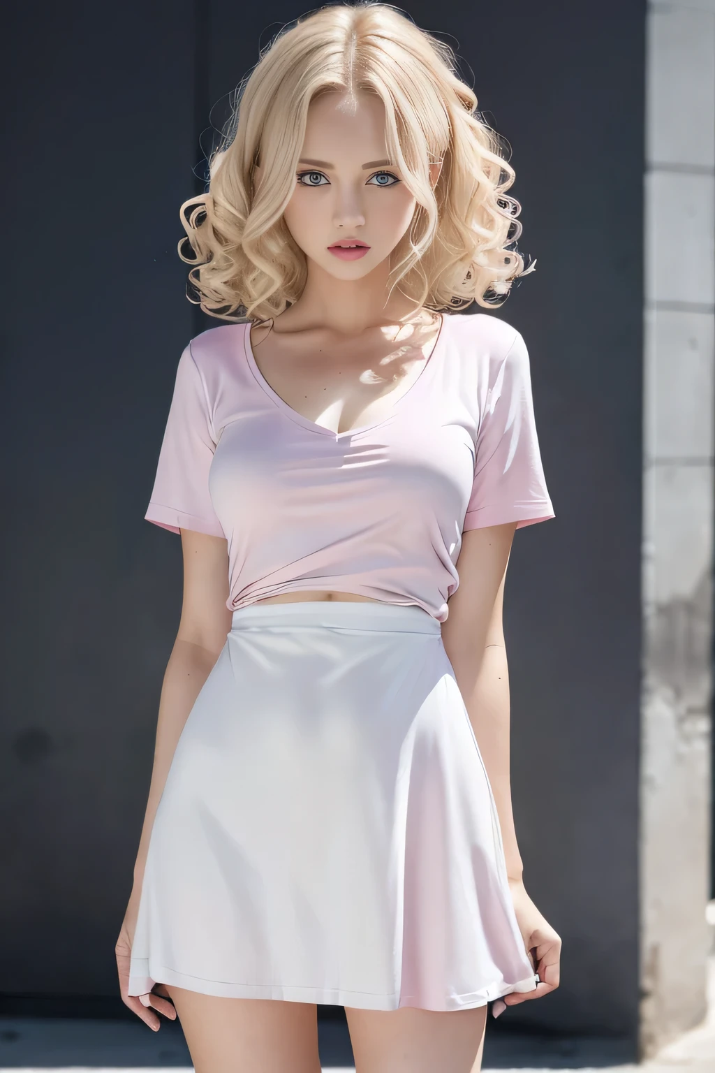 Aggressive thief and her,Mini white dress in the wind,40,000, photography, masterpiece, best quality, Dark gray background, behind, SFW, (1girl blue eyes and blonde hair soon curly), Ass until waiting to be worn, (Half shirt aberta_Full set of clothing: 1.3), (pink Full set of clothing: 1.3).
