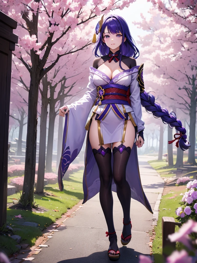 ((Full body image:1.4))Japanese Shrines, (Highest quality,Realistic,masterpiece:1.2,8k wallpaper:1.2),((Pale skin)),One Girl,women only,((raidenshogndef))((Genshin Impact,General Raiden)),Lightning Particles,Purple Lightning,Light background,cherry blossoms,Purple Theme,Delicate facial features,Sexy and beautiful anime girls,General Raiden,Long purple hair,Rosy lips,Anime Mouth,(Very sad face),large breasts, Beautiful cleavage,Slender figure、Thin legs