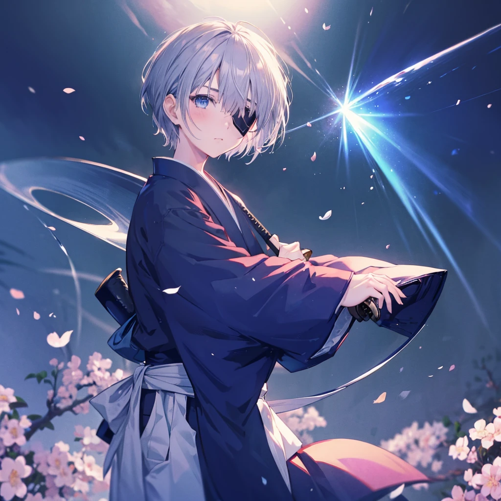 (((1 person　Gray Hair)))　((((Eye patch))))　(((High resolution　short hair　Black kimono)))　((Shoulder　Rin々Funny face　Holding the sheath and preparing the sword))　((Black Band　samurai　Lonely　despair　blue eyes　Pull camera))　((Blue Butterfly　night　Japanese style　old　Cherry Blossom Garden　water surface　Catch the wind　Scattering cherry blossom petals))　((Japanese sword　Slashing　Bathed in light))　((Sword Reflection　Pink light))　月night　moonlight　star　Draw your sword　Shining Background　Shining Edge