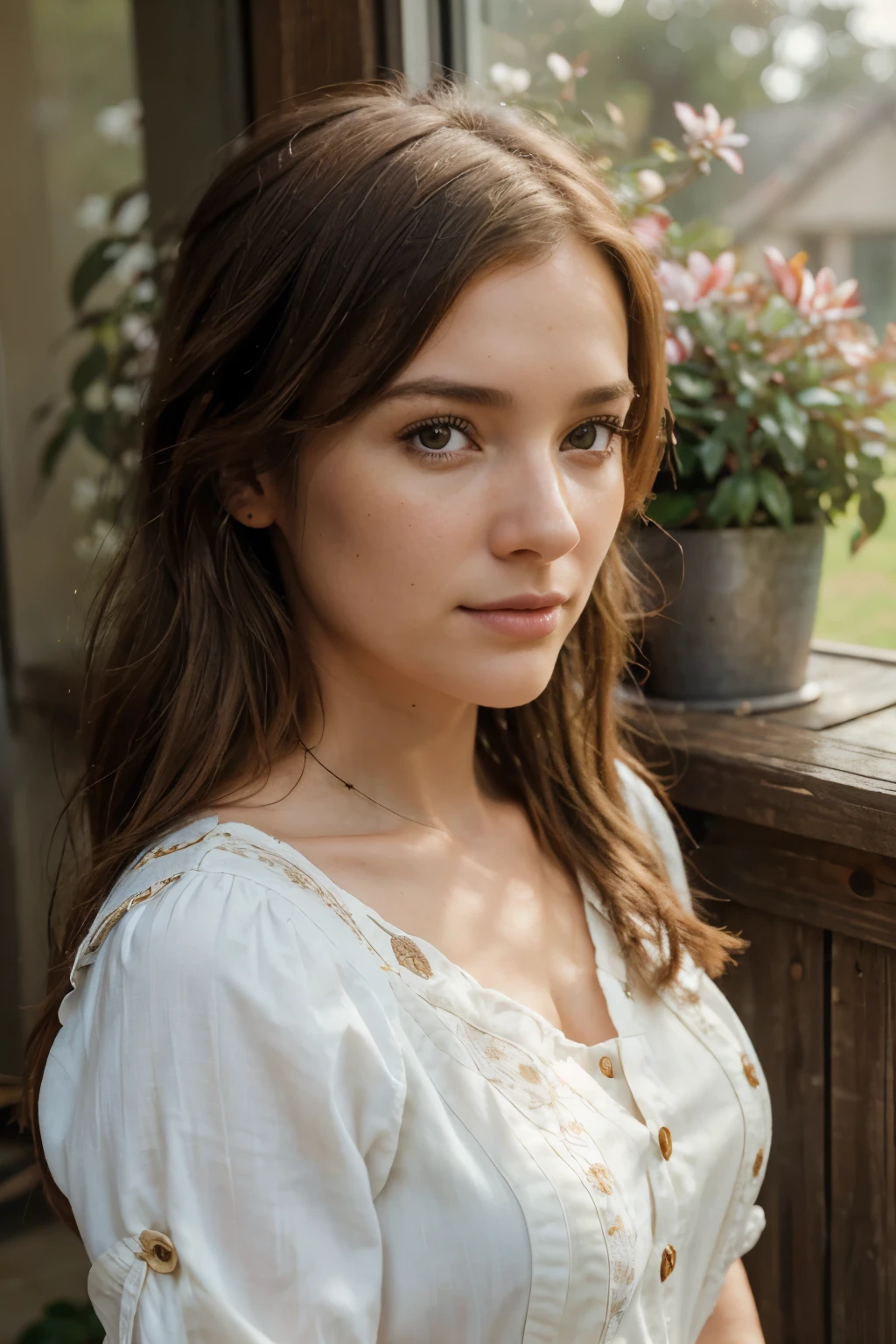 portrait of woman SavannahBrown, looking at viewer, highly detailed, film grain, 35mm photograph, professional, 4k, highly detailed, high quality, realistic, natural lighting, detailed facial features, elegant hairstyle, warm colors, cinematic, photorealistic, happy cute girl, watering magnolia flowers standing on a wooden windowsill