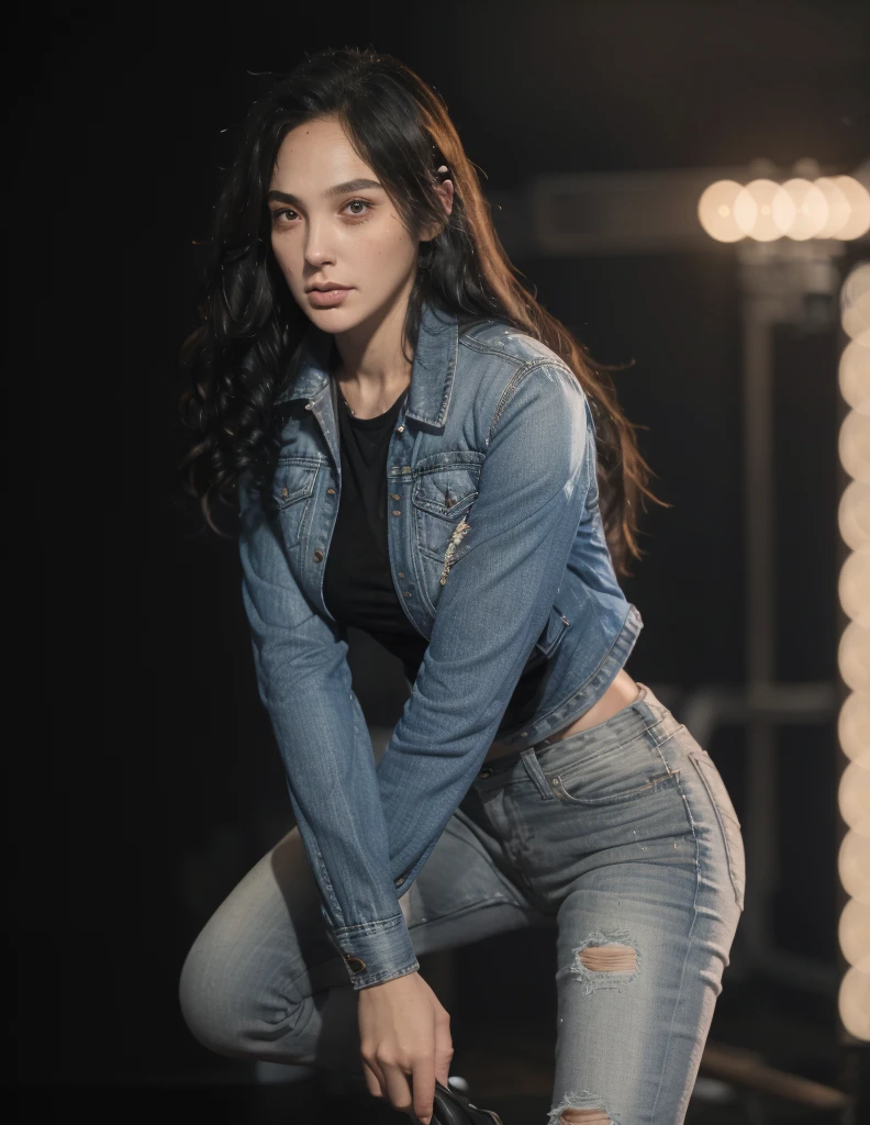 RAW best quality, masterpiece, realistic, ultra detail, photo realistic, I close up 21 yo girl, black mess hair. Wearing all size black t-shirt and denim jacket, show big thigh, plump body, perfect body, standing infront of dark background