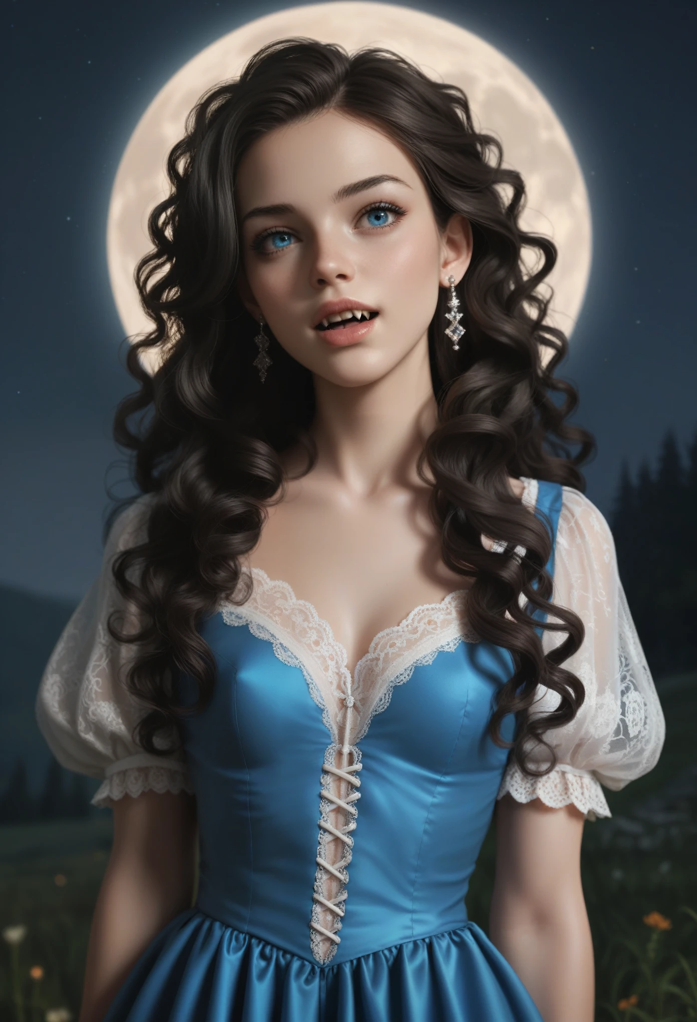 score_9, score_8_up, score_7_up, score_6_up, rating: safe, 1girl, solo, (black_hair:1.5), wavy_hair, jewelry, dress, blue_eyes, earrings, (long_hair:1.5), looking_at_viewer, curly_hair, upper_body, lips, lace, blue_dress, (night:1.3), cxqz8r, medieval_dress, medieval_landscape, fullmoon, rpg, (rape_face:1.3), narrow_waist, (skinny:1.3), (pale_skin:1.2), open_mouth, parted_lips, (oral_invitation:1.2), (fangs:1.4), (torogao:1.2)
