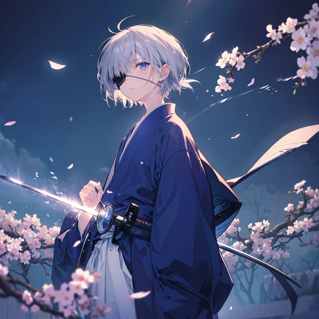 (((1 person Gray Hair))) ((((Eye patch)))) (((High resolution short hair Black kimono))) ((Shoulder Rin々Funny face Holding the sheath and preparing the sword)) ((Black Band samurai Lonely despair blue eyes Pull camera)) ((Blue Butterfly night Japanese style old Cherry Blossom Garden water surface Catch the wind Scattering cherry blossom petals)) ((Japanese sword Two-Way Slashing Bathed in light)) ((Sword Reflection Pink light)) 月night moonlight star Draw your sword Shining Background Shining Edge