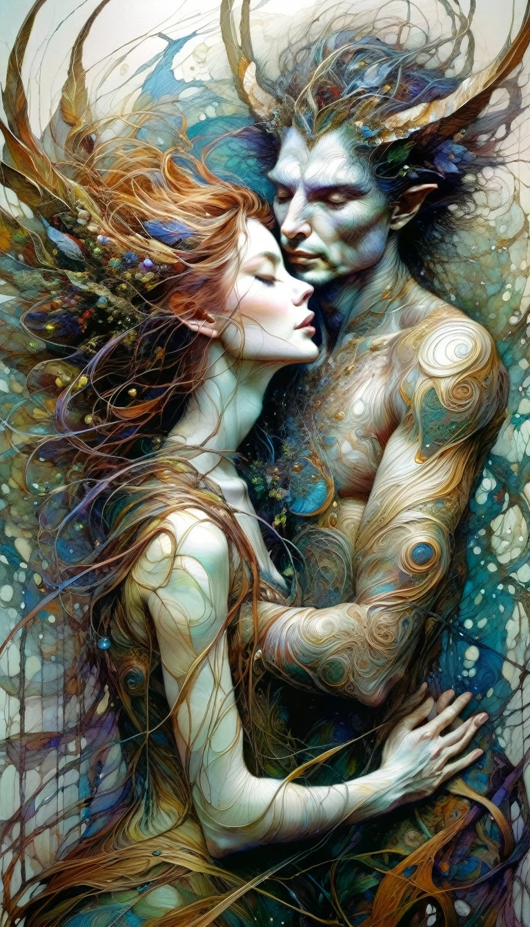 the lovers, artwork inspired by Brian Froud and Carne Griffiths and Wadim Kashin, intricate details, oil
