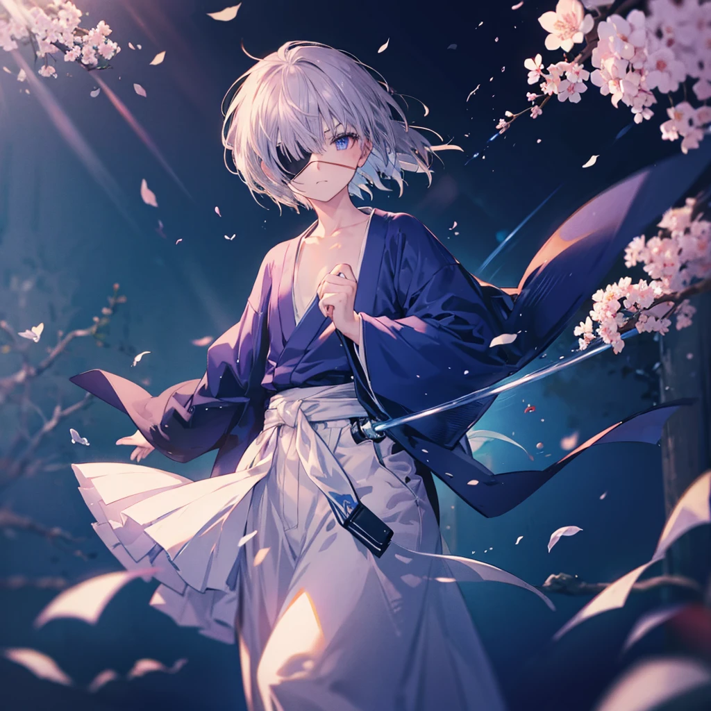 (((1 person Gray Hair))) ((((Eye patch)))) (((High resolution short hair Black kimono))) ((Shoulder Rin々Funny face Holding the sheath and preparing the sword)) ((Black Band samurai Lonely despair blue eyes Pull camera)) ((Blue Butterfly night Japanese style old Cherry Blossom Garden water surface Catch the wind Scattering cherry blossom petals)) ((Japanese sword Two-Way Slashing Bathed in light)) ((Sword Reflection Pink light)) 月night moonlight star Draw your sword Shining Background Shining Edge