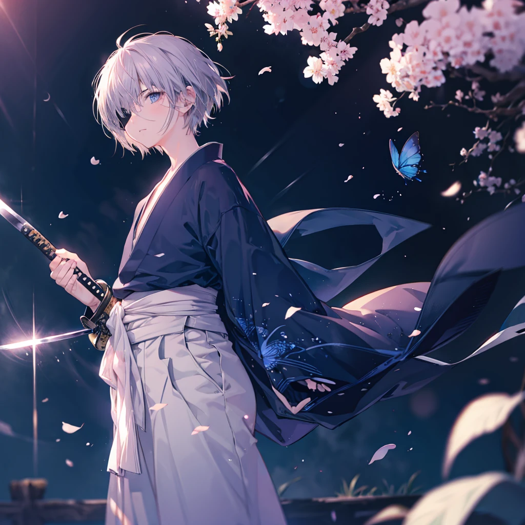 (((1 person　Gray Hair)))　((((Eye patch))))　(((High resolution　short hair　Black kimono)))　((Shoulder　Rin々Funny face　Holding the sheath and preparing the sword))　((Black Band　samurai　Lonely　despair　blue eyes　Pull camera))　((Blue Butterfly　night　Japanese style　old　Cherry Blossom Garden　water surface　Catch the wind　Scattering cherry blossom petals))　((Japanese sword　Two-Way　Slashing　Bathed in light))　((Sword Reflection　Pink light))　月night　moonlight　star　Draw your sword　Shining Background　Shining Edge