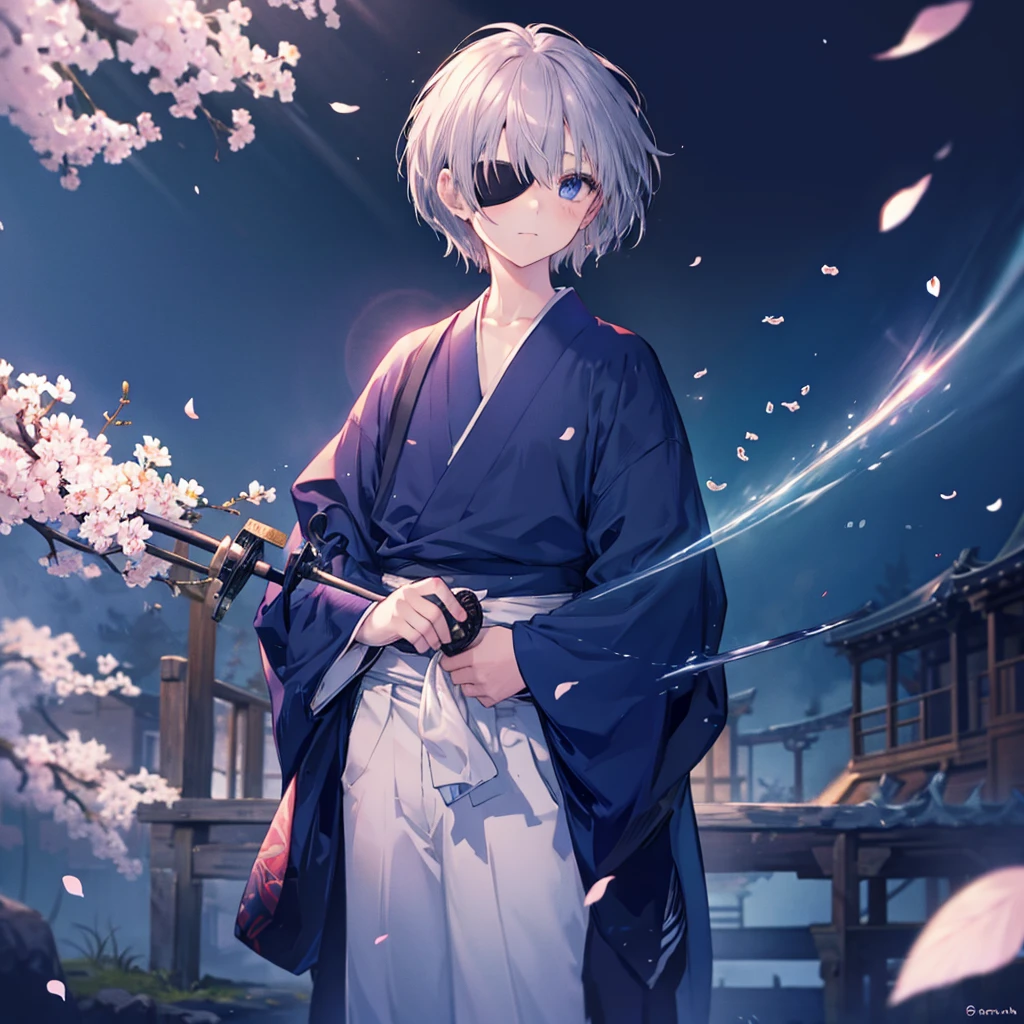 (((1 person　Gray Hair)))　((((Eye patch))))　(((High resolution　short hair　Black kimono)))　((Shoulder　Rin々Funny face　Holding the sheath and preparing the sword))　((Black Band　samurai　Lonely　despair　blue eyes　Pull camera))　((Blue Butterfly　night　Japanese style　old　Cherry Blossom Garden　water surface　Catch the wind　Scattering cherry blossom petals))　((Japanese sword　Two-Way　Slashing　Bathed in light))　((Sword Reflection　Pink light))　月night　moonlight　star　Draw your sword　Shining Background　Shining Edge