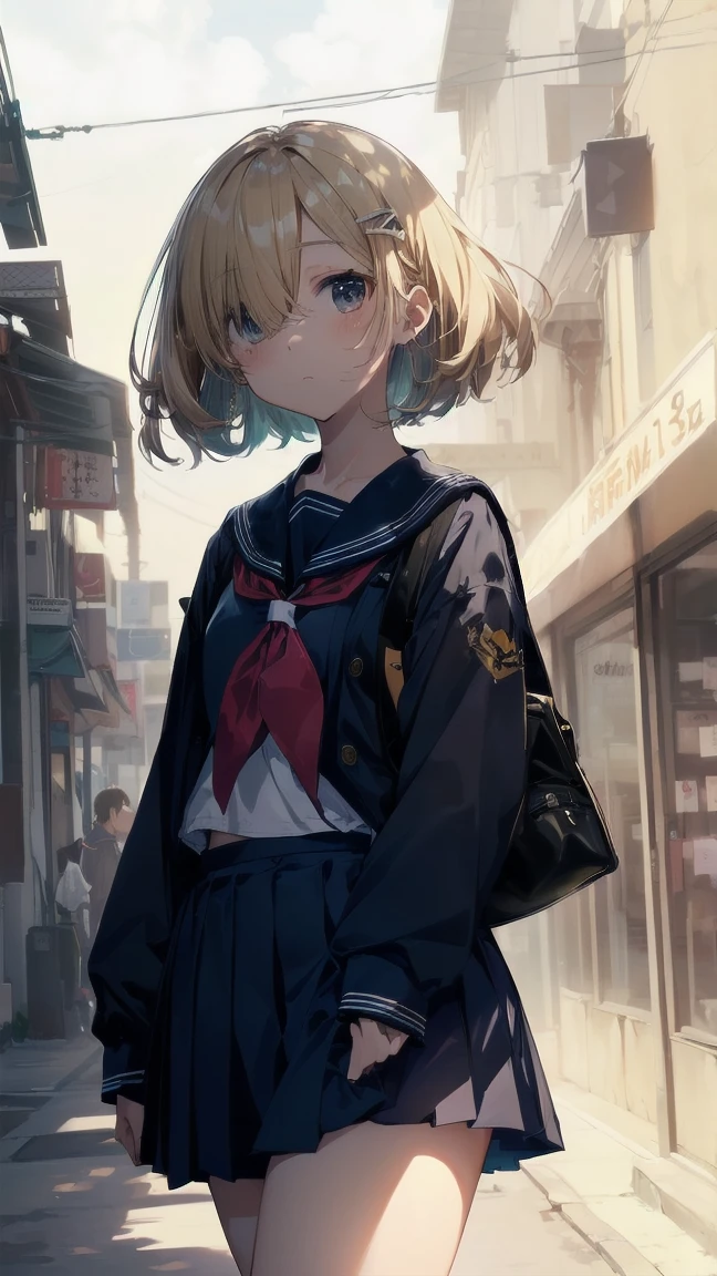 highest quality, anime moe art style,Best Anime 8K Kona-chan Wallpaper,Pixiv contest winners,perfect ???????, (Please draw a girl walking sleepily to school.. ),break, 1 girl, (alone,,,13 years old:1.3),high school student, short hair, amount, (hair above one eye:1.7), frown,All limbs, full finger,medium breasts, between legs, small eyes,Precise black eyes, hair clip, (sailor suit:1.5),(school uniform:1.5) skirt,On the way to school. break,Super detailed,High resolution,super dense skin, professional lighting,8K eye details, (cute illustration:1.2),blonde,blonde hair,No expression,(hair over one eye:1.5),sailor uniform