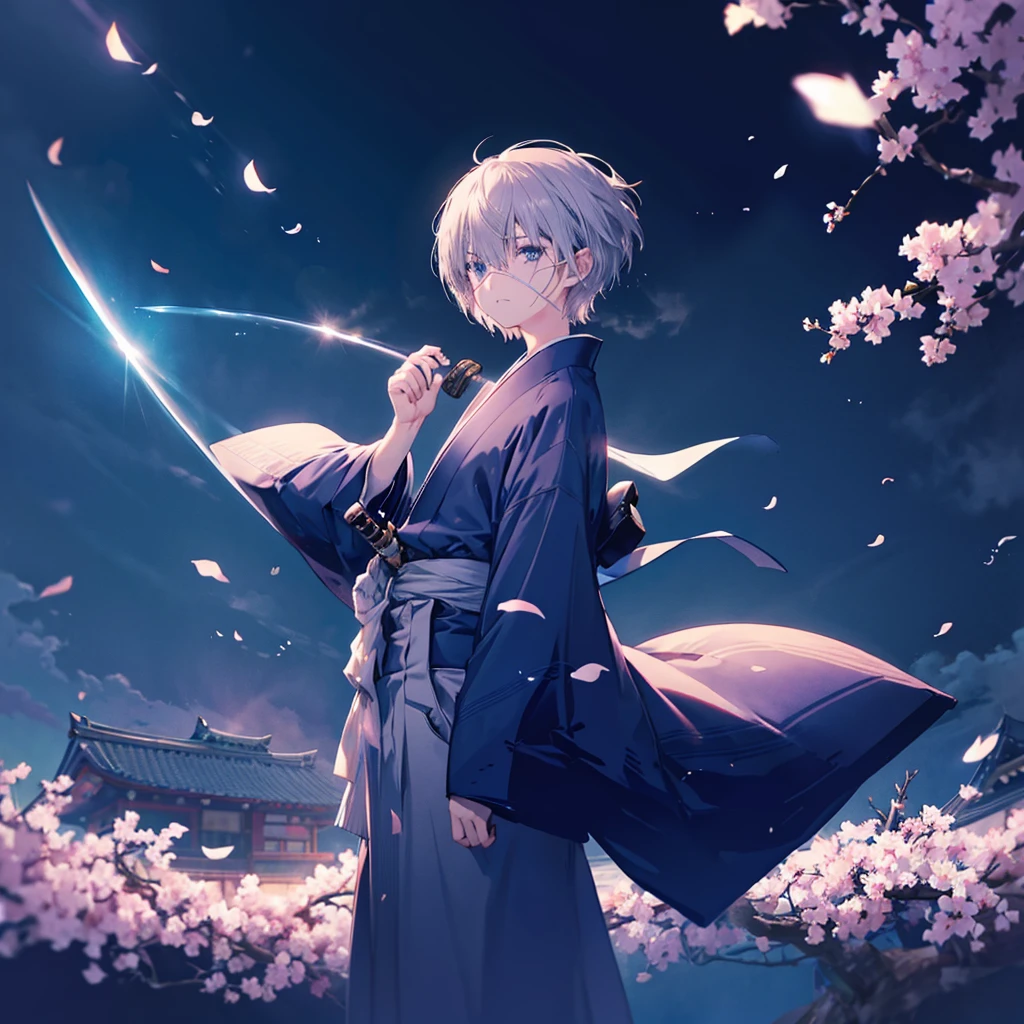 (((1 person　Gray Hair)))　((((Eye patch))))　(((High resolution　short hair　Black kimono)))　((Shoulder　Rin々Funny face　Holding the sheath and preparing the sword))　((Black Band　samurai　Lonely　despair　blue eyes　Pull camera))　((Blue Butterfly　night　Japanese style　old　Cherry Blossom Garden　water surface　Catch the wind　Scattering cherry blossom petals))　((Japanese sword　Two-Way　Slashing　Bathed in light))　((Sword Reflection　Pink light))　月night　moonlight　star　Draw your sword　Shining Background　Shining Edge